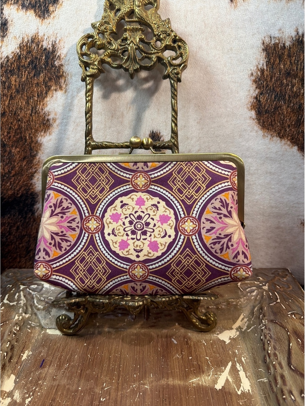 J. Carter Handmade Vintage Style Clutch Purse with Purple and Gold Pattern
